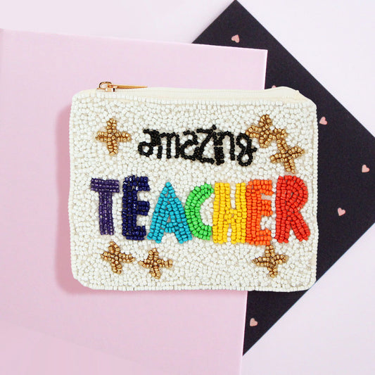Amazing Teacher Message Seed Beaded Mini Pouch Bag