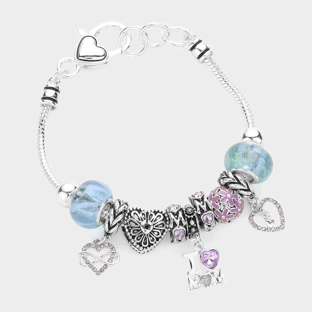 Infinity Heart I Love Mom Message Charm Multi Bead Bracelet