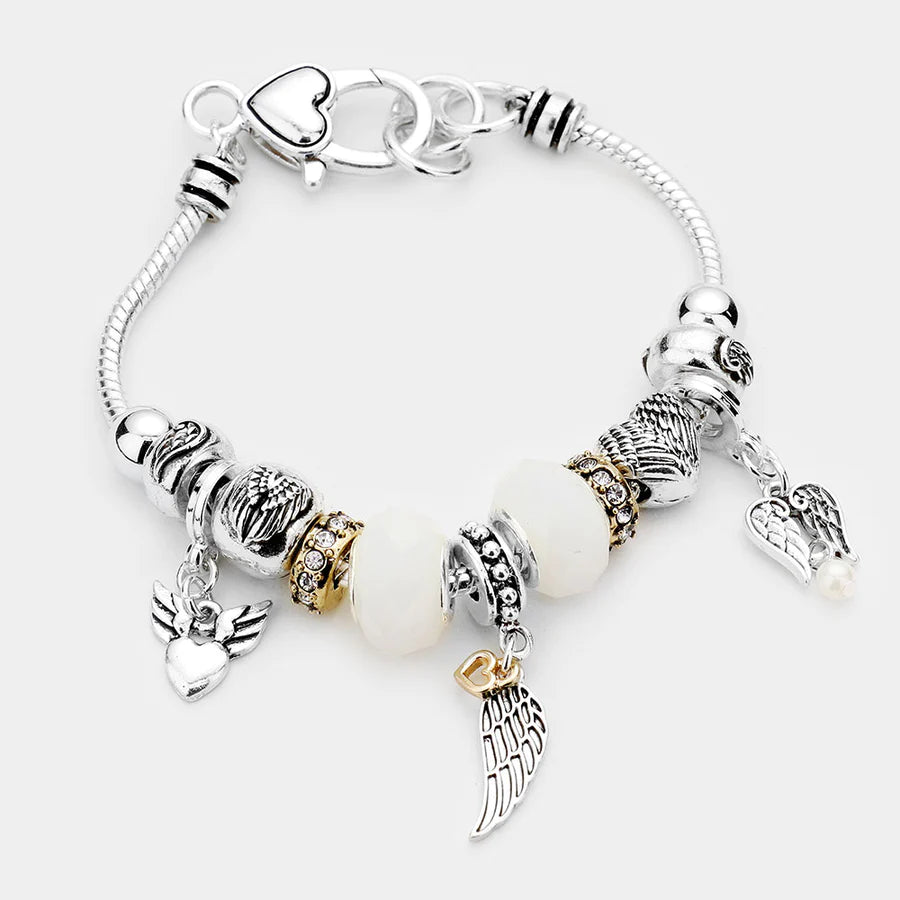 Angel Wing Heart Charm Multi Beaded Bracelet