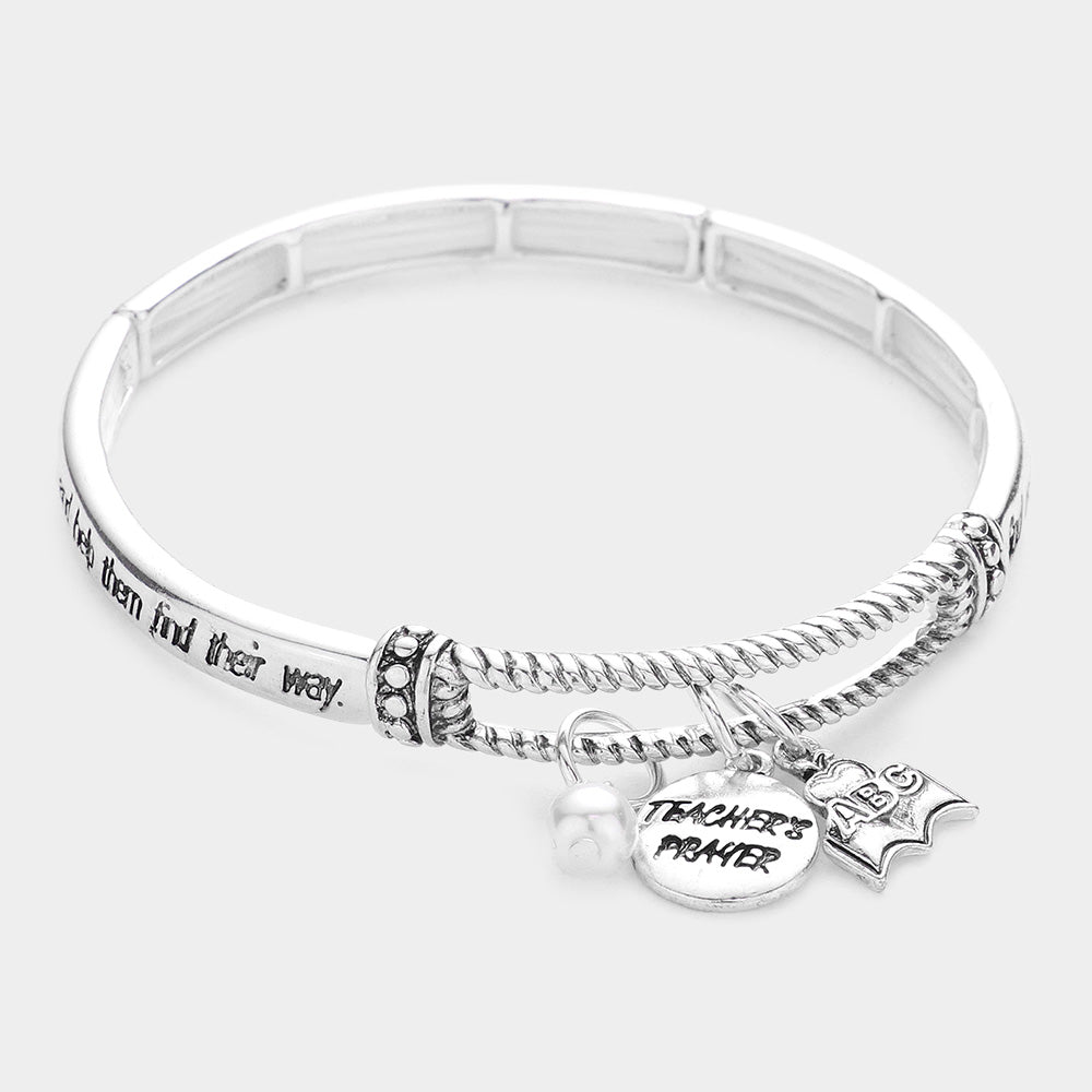 Teacher's Prayer ABC Book Pearl Charm Message Stretch Bracelet